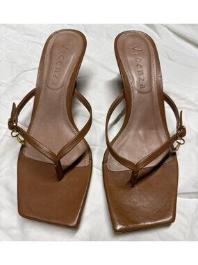 Vicenza Women's Brown Square Toe Thong Heeled Sandals